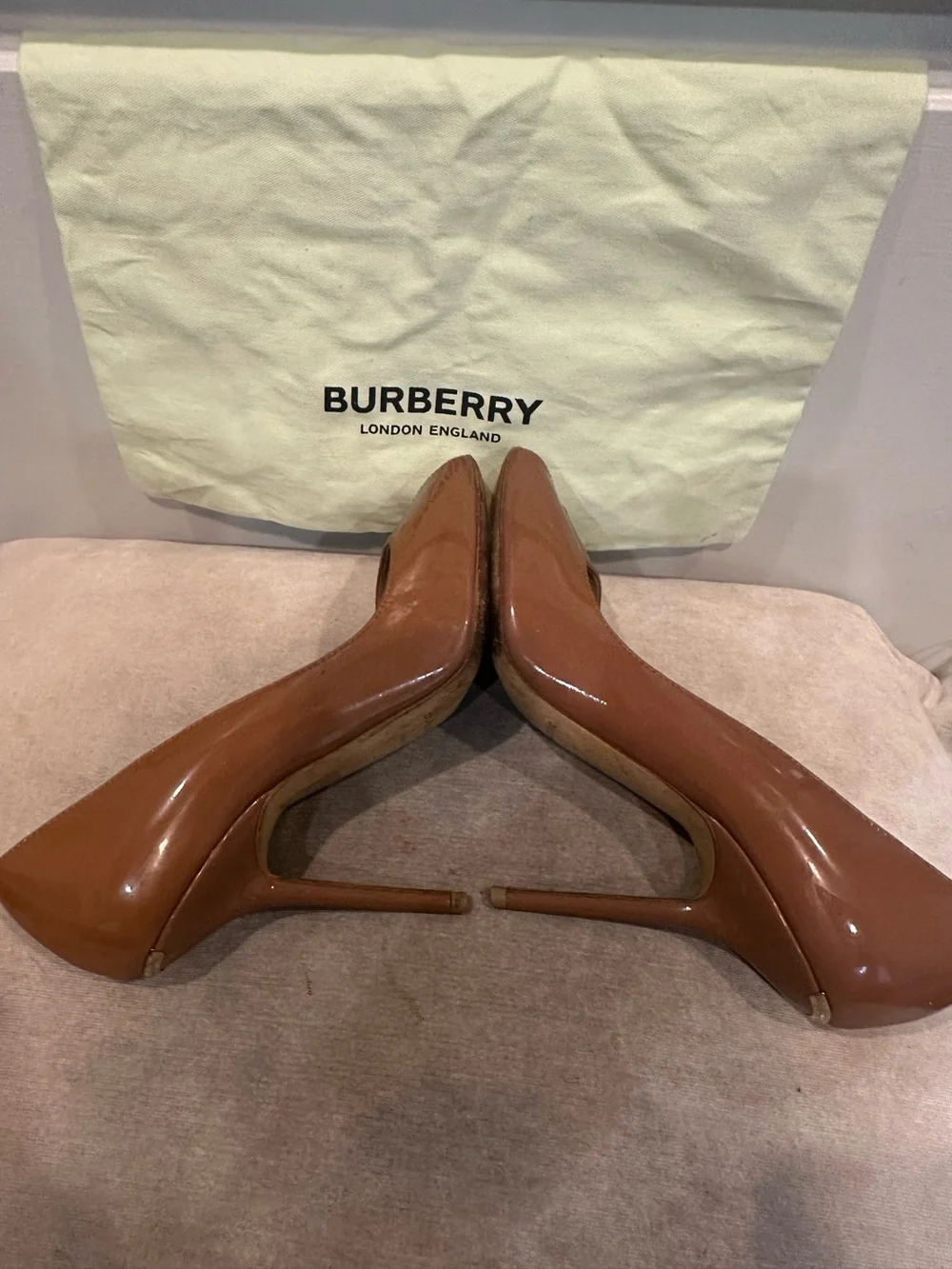Burberry Patent Peep-Toe Stiletto in Brown